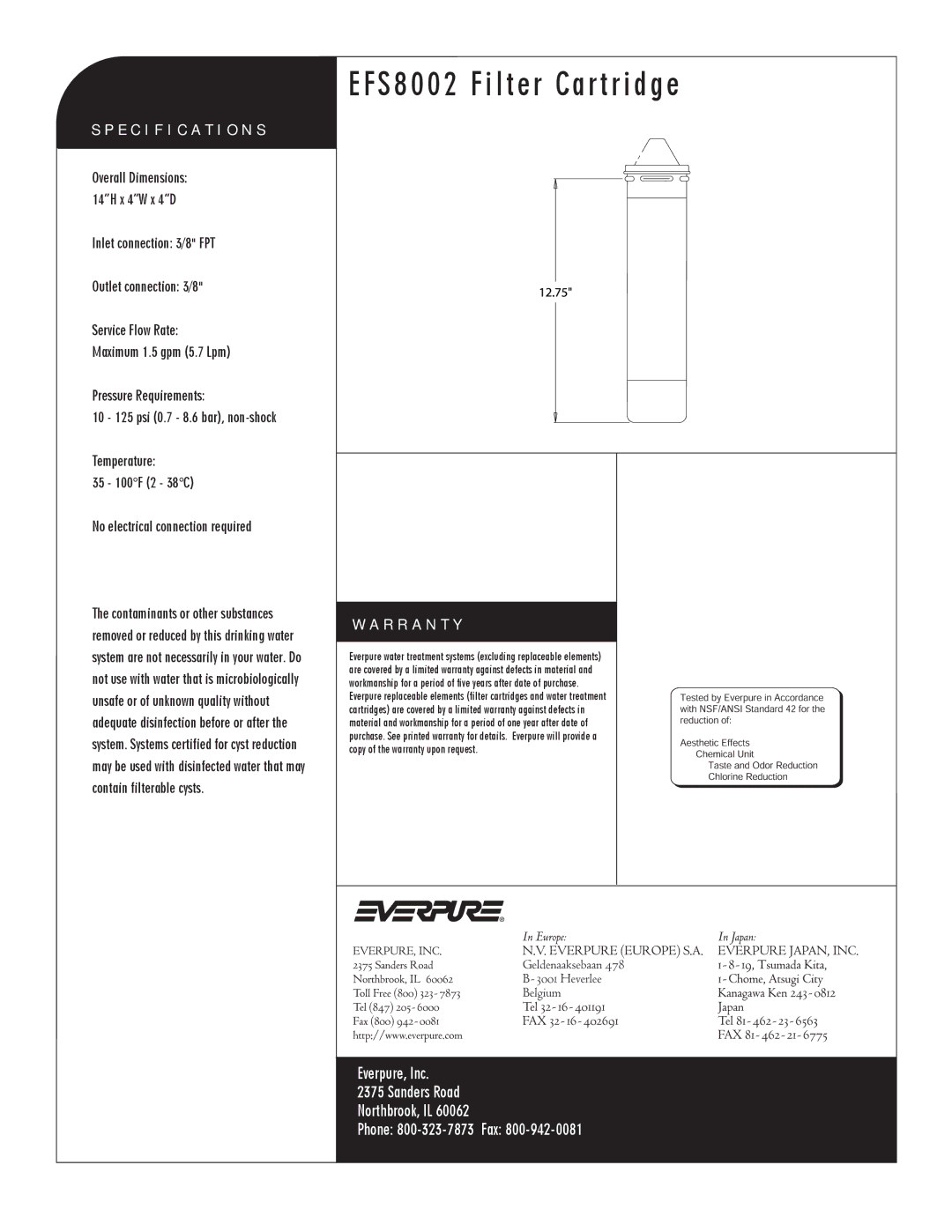 Everpure manual EFS8002 Filter Cartridge, Cuno carbon block replacement cartridge, Specification S, R R a N T Y 