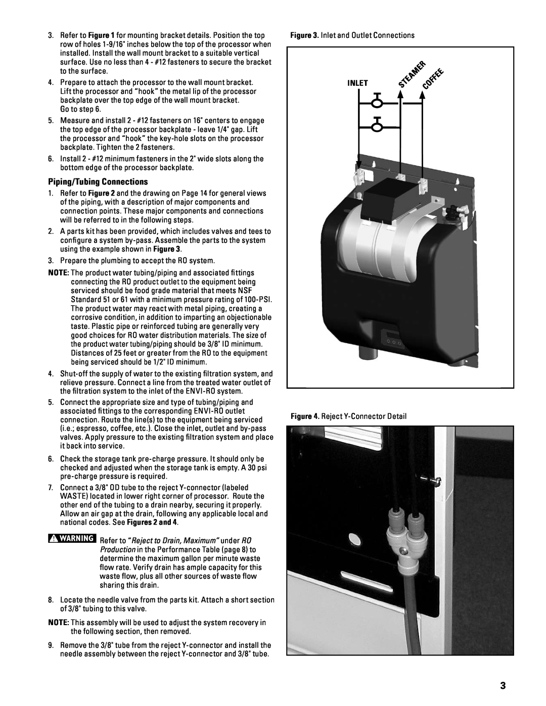 Everpure ENVI-RO installation and operation guide Piping/Tubing Connections, Inlet 