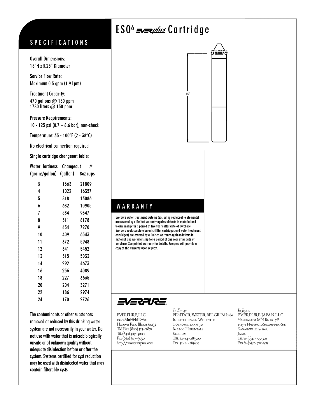 Everpure ESO 6, EV9607-20ESO manual ESO6 Cartridge, Specialty Replacement Cartridge, Everpure,Llc 