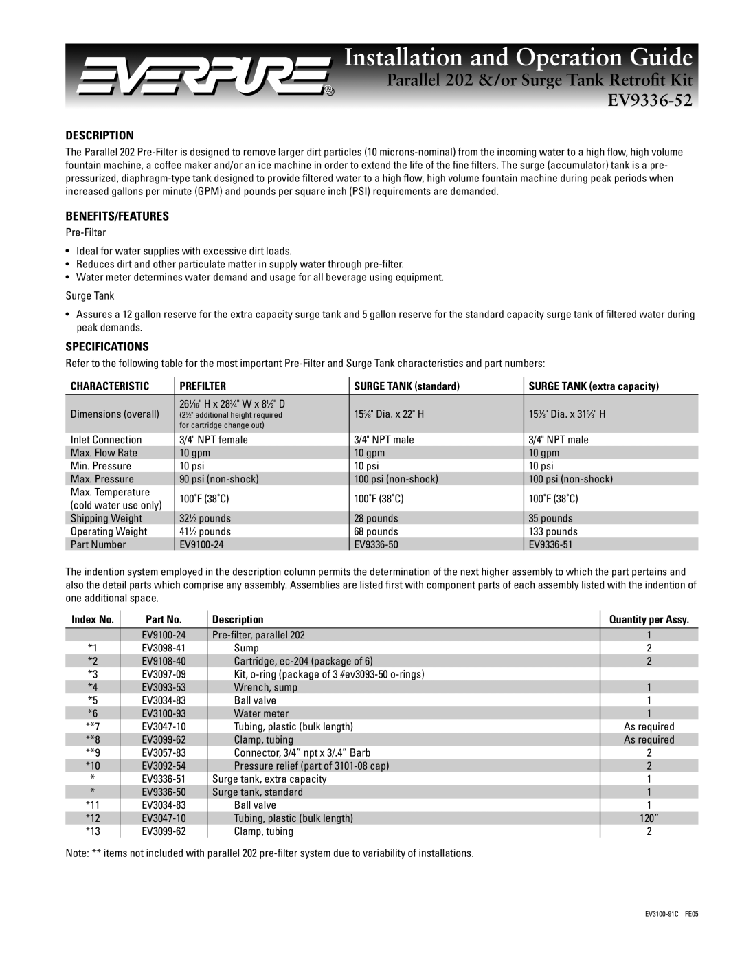 Everpure EV3092-54, EV3098-41, EV3097-09, EV9336-52, EV9100-24 specifications Description, Benefits/Features, Specifications 