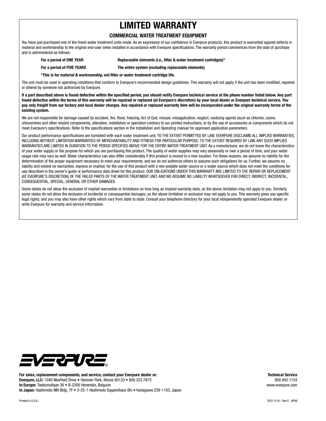 Everpure EV3112-81 installation and operation guide Limited Warranty, Commercial Water Treatment Equipment 