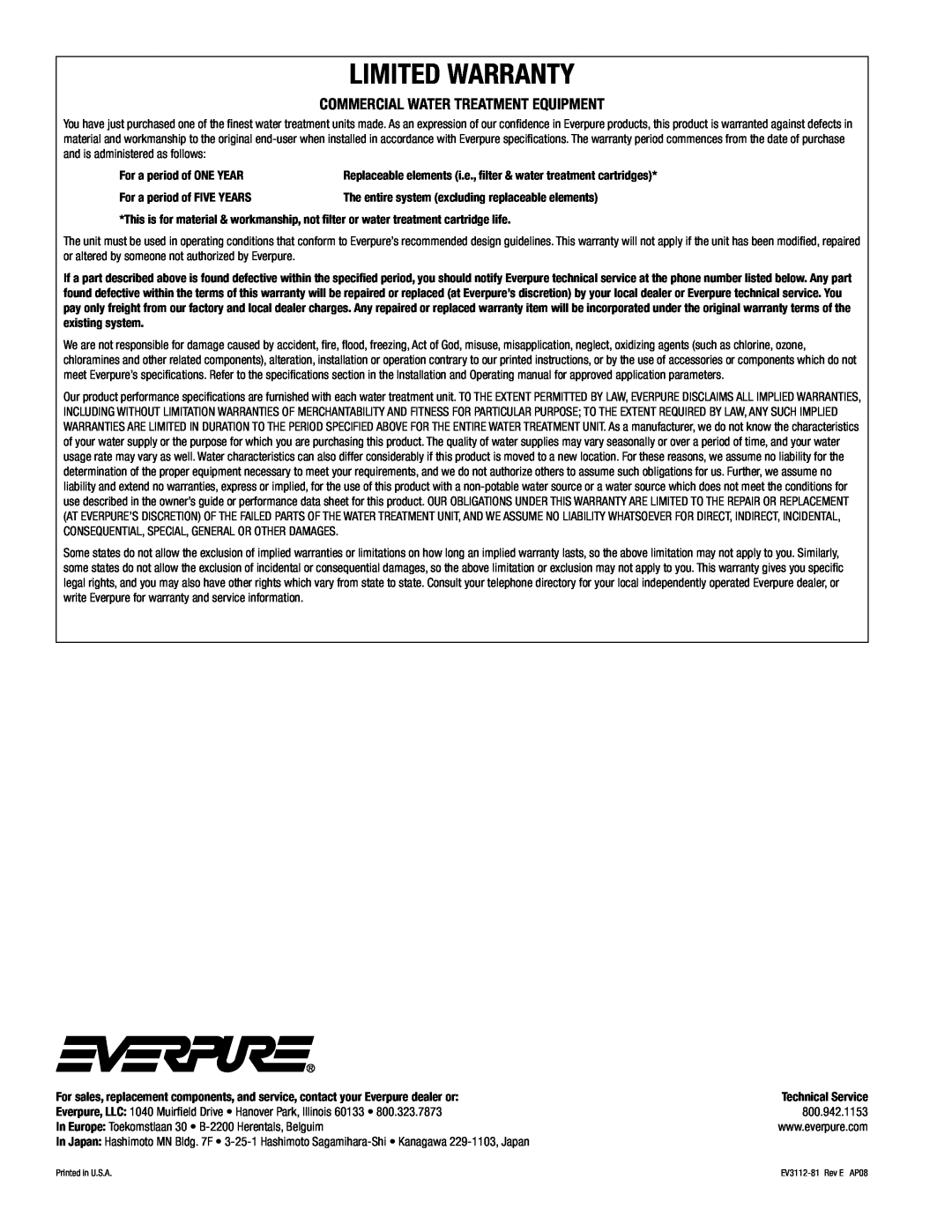 Everpure EV3112-81 installation and operation guide Commercial Water Treatment Equipment, Limited Warranty 