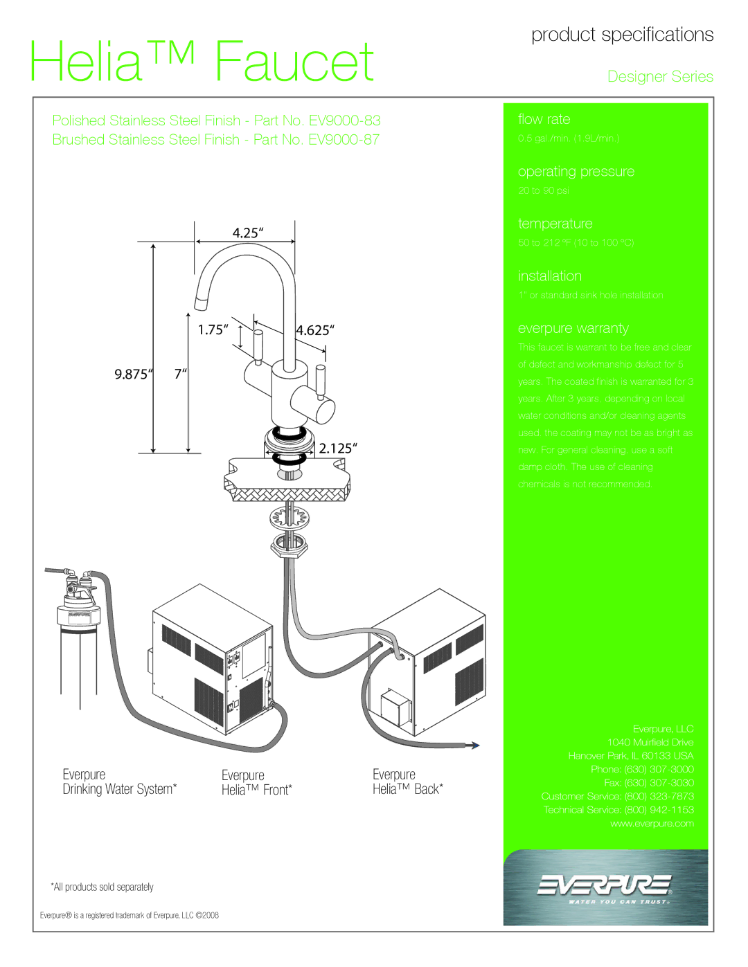 Everpure EV9000-83, EV9000-87 manual Product specifications 