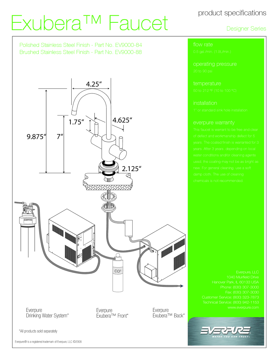 Everpure EV9000-88, EV9000-84 manual Product specifications, Everpure Drinking Water System Exubera Front 