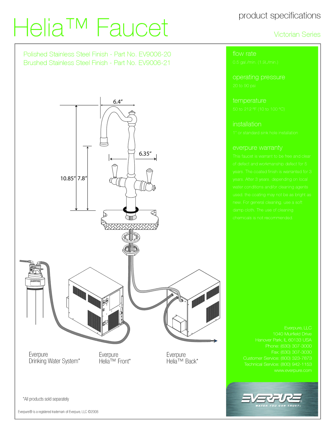 Everpure EV9006-20, EV9006-21 manual Product specifications 