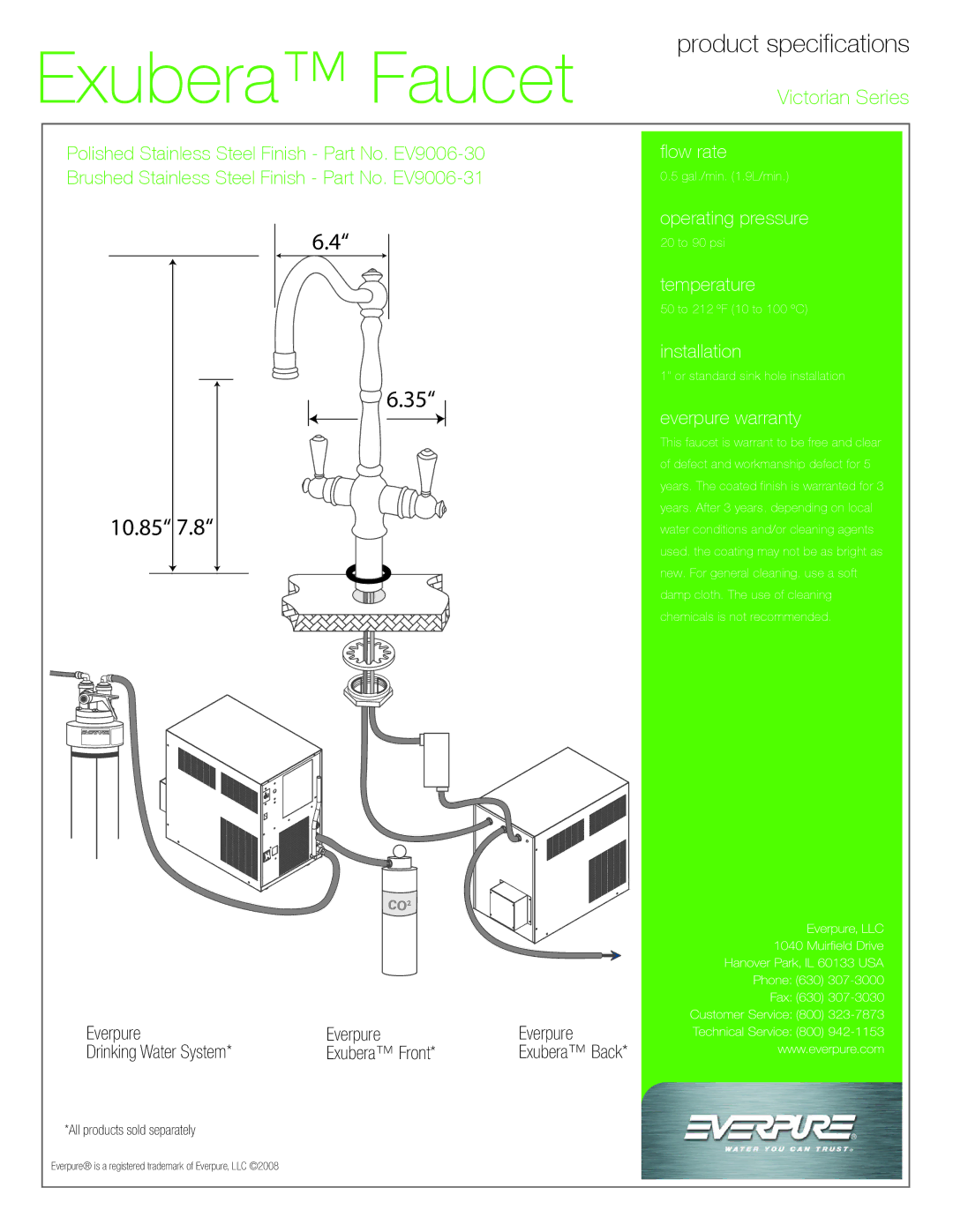 Everpure EV9006-30, EV9006-31 manual Product specifications, Everpure Drinking Water System Exubera Front 