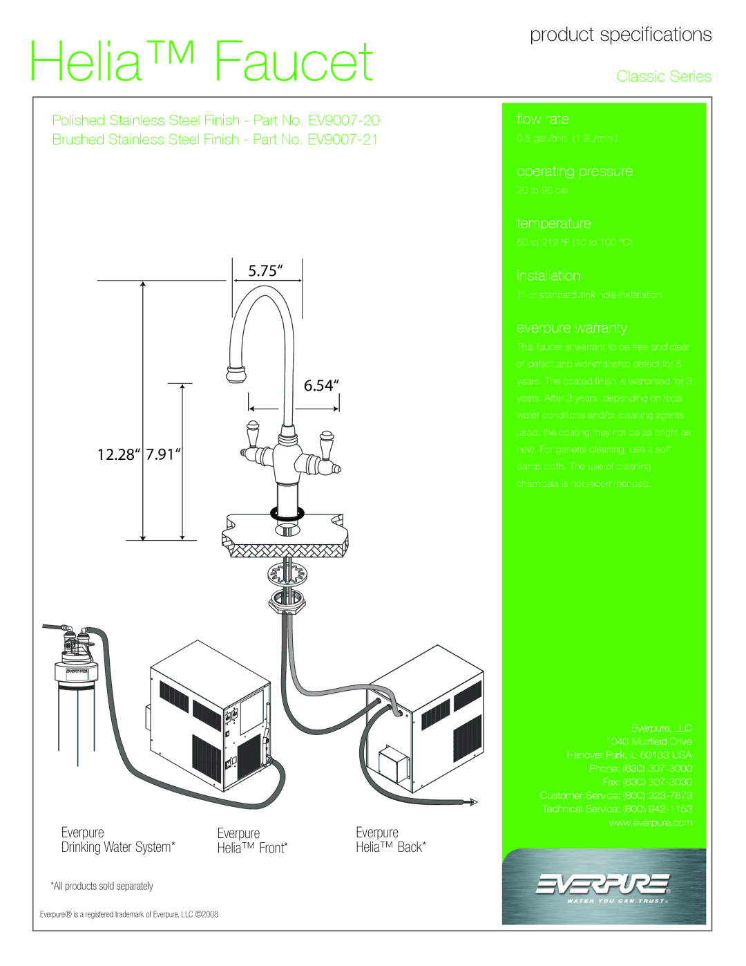 Everpure EV9007-20, EV9007-21 manual Product specifications, Everpure Drinking Water System Helia Front 