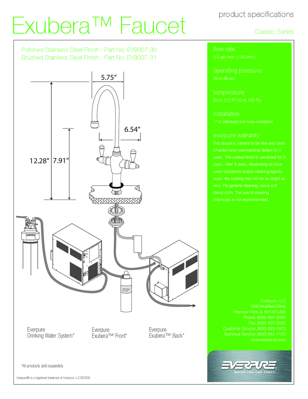 Everpure EV9007-30, EV9007-31 manual Product specifications, Everpure Drinking Water System Exubera Front 