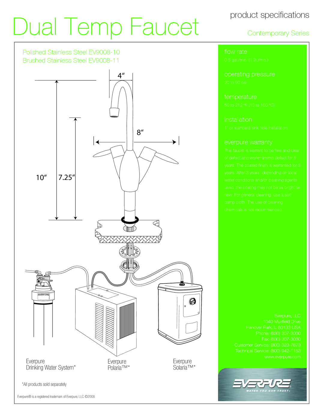 Everpure EV9008-11, EV9008-10 manual Product specifications 