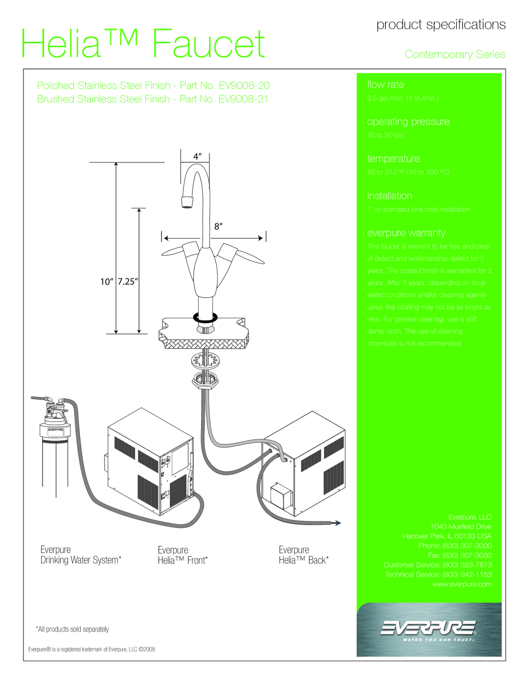 Everpure EV9008-20, EV9008-21 manual Product specifications 