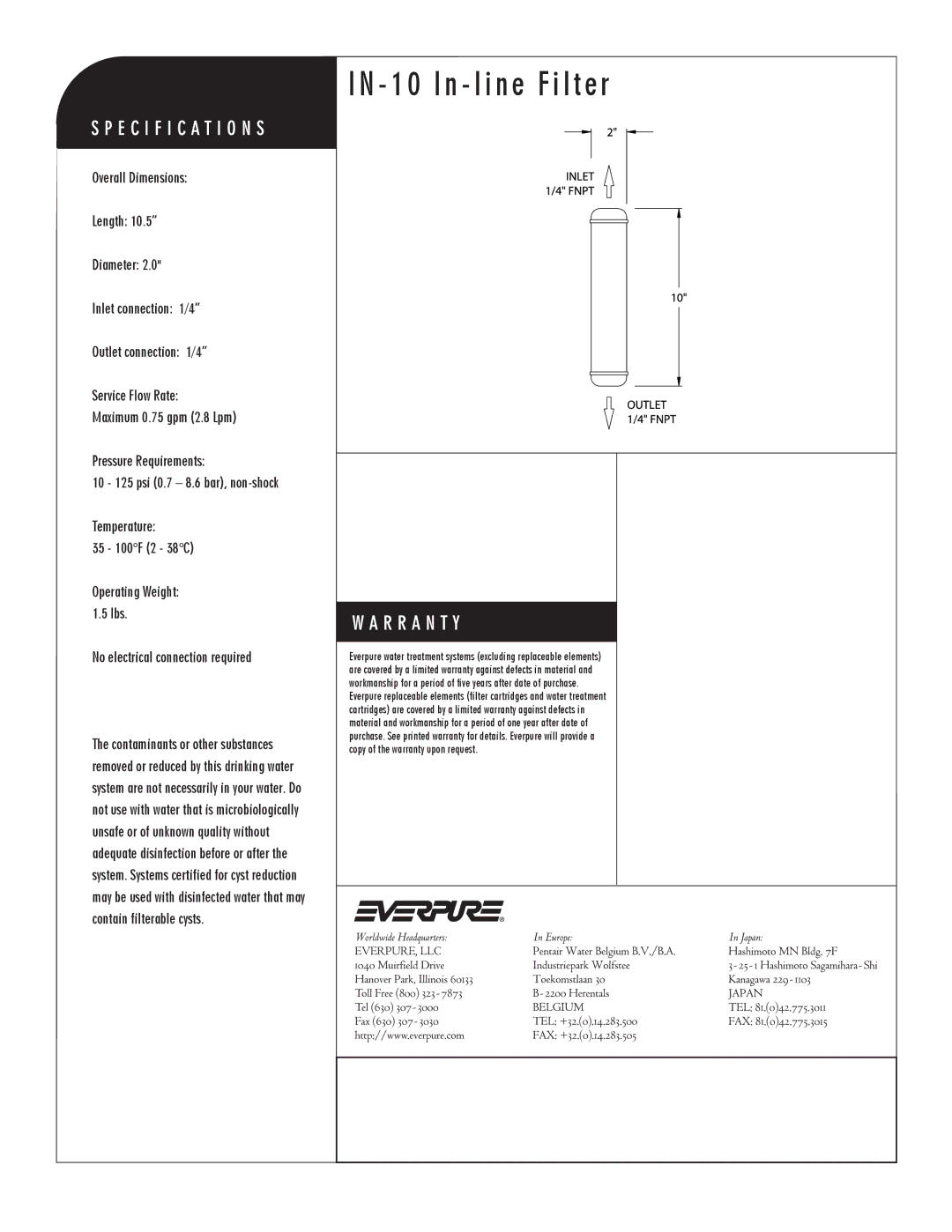 Everpure EV9100-08, EV9100-06 manual In line Filter 