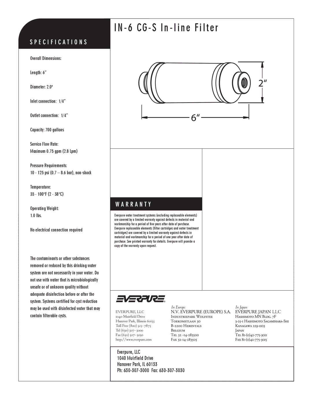 Everpure EV9100-66IN-6 manual CG S In line Filter, In-line Filter, No electrical connection required 