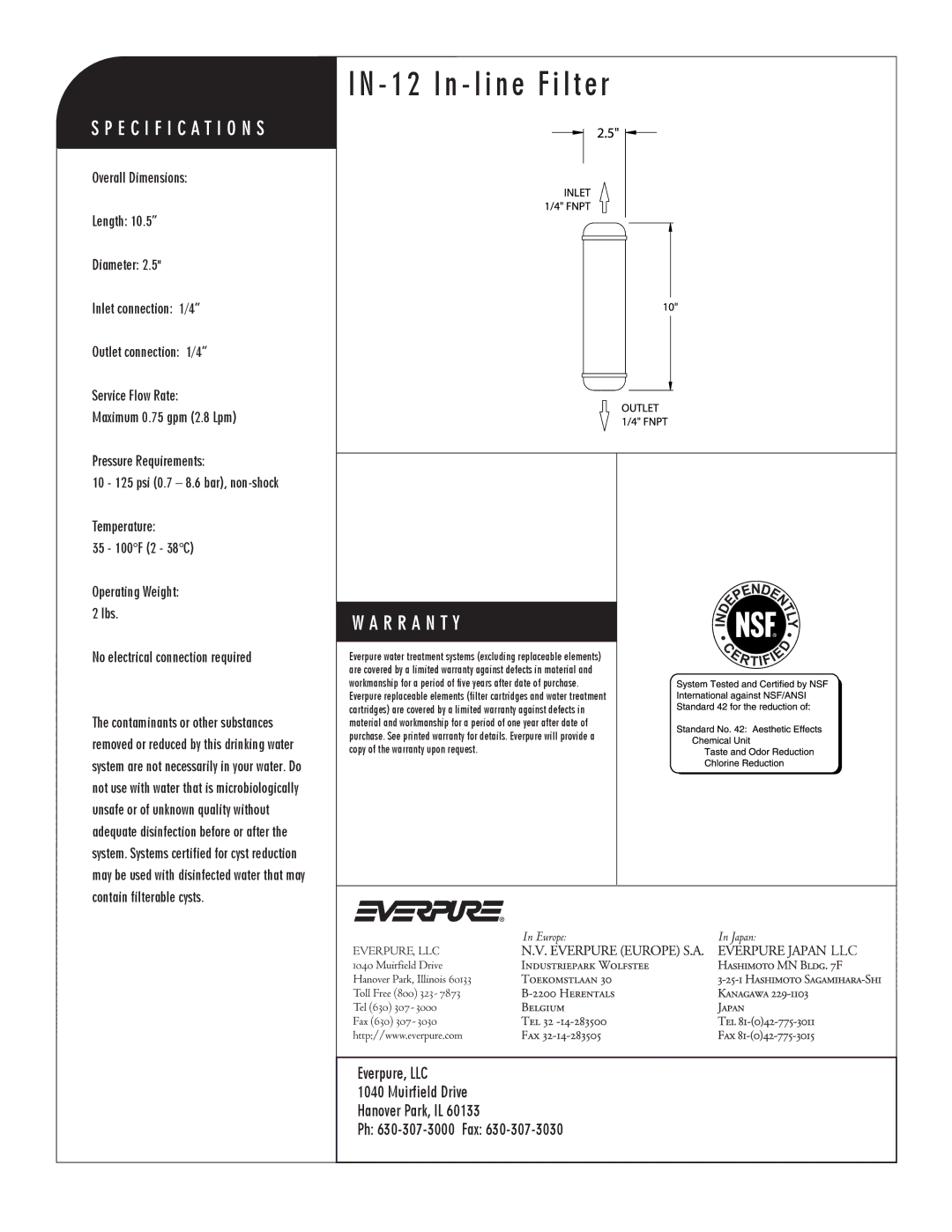 Everpure EV9100-86, EV9100-07 manual In line Filter, In-line Filter 