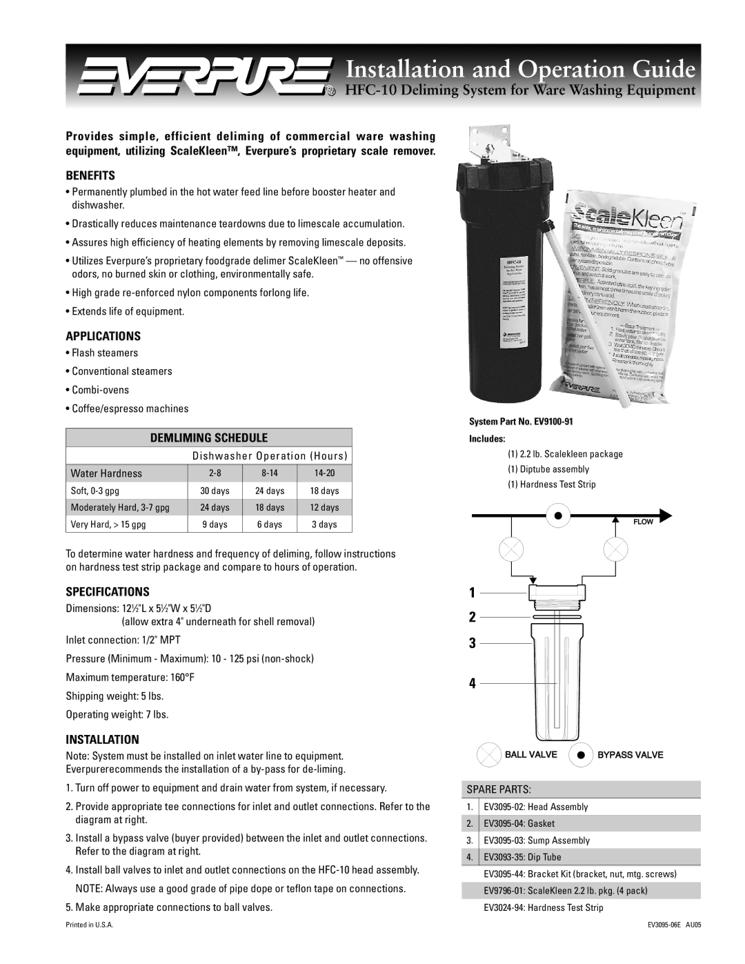 Everpure EV9100-91 installation and operation guide HFC-10 Deliming System for Ware Washing Equipment 