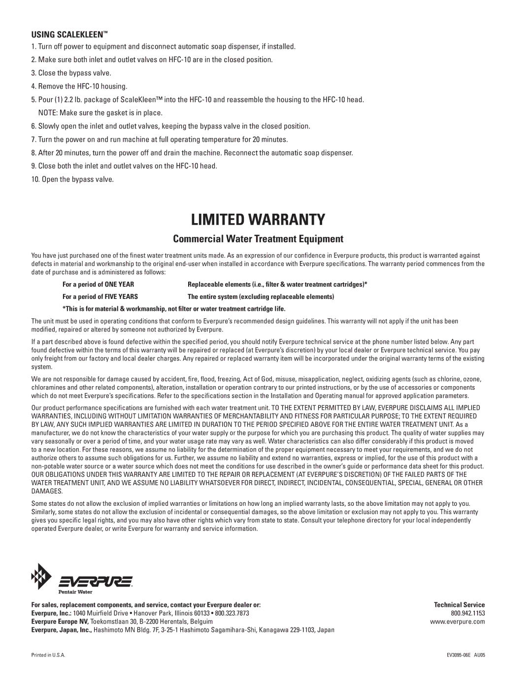 Everpure EV9100-91 installation and operation guide Commercial Water Treatment Equipment, Using Scalekleen 