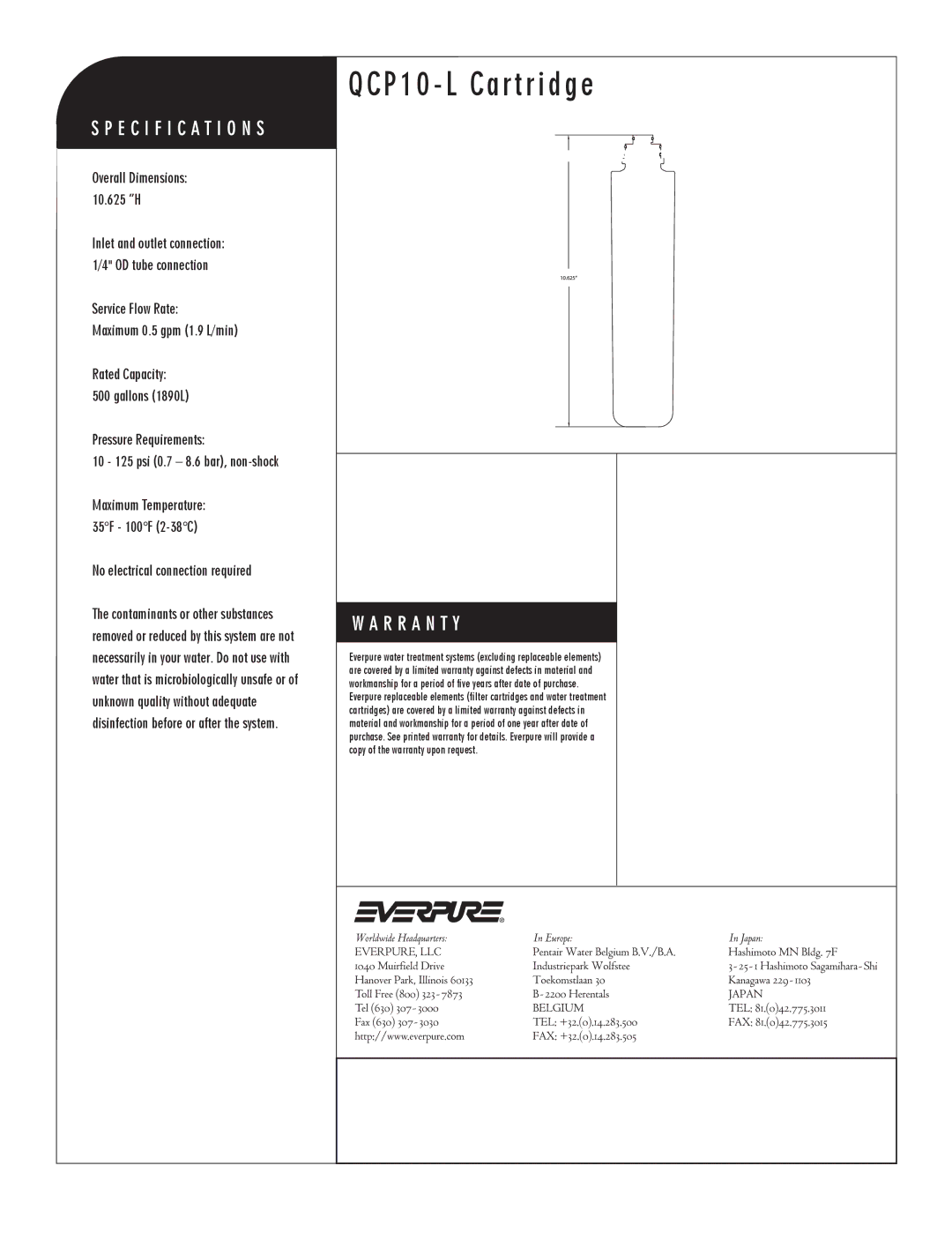 Everpure EV9107-00 manual QCP10 L Cartridge, Delivers premium quality water for office, No electrical connection required 