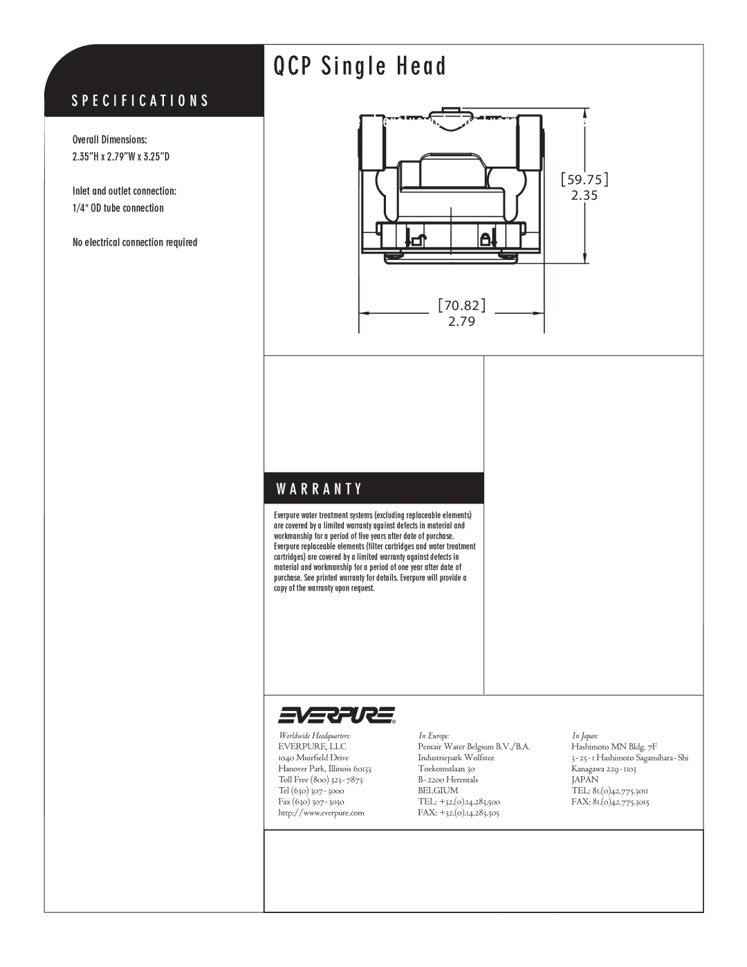 Everpure EV9107-21 manual QCP Single Head, Filter head exclusively for Everpure QCP replacement, 59.75 70.82 