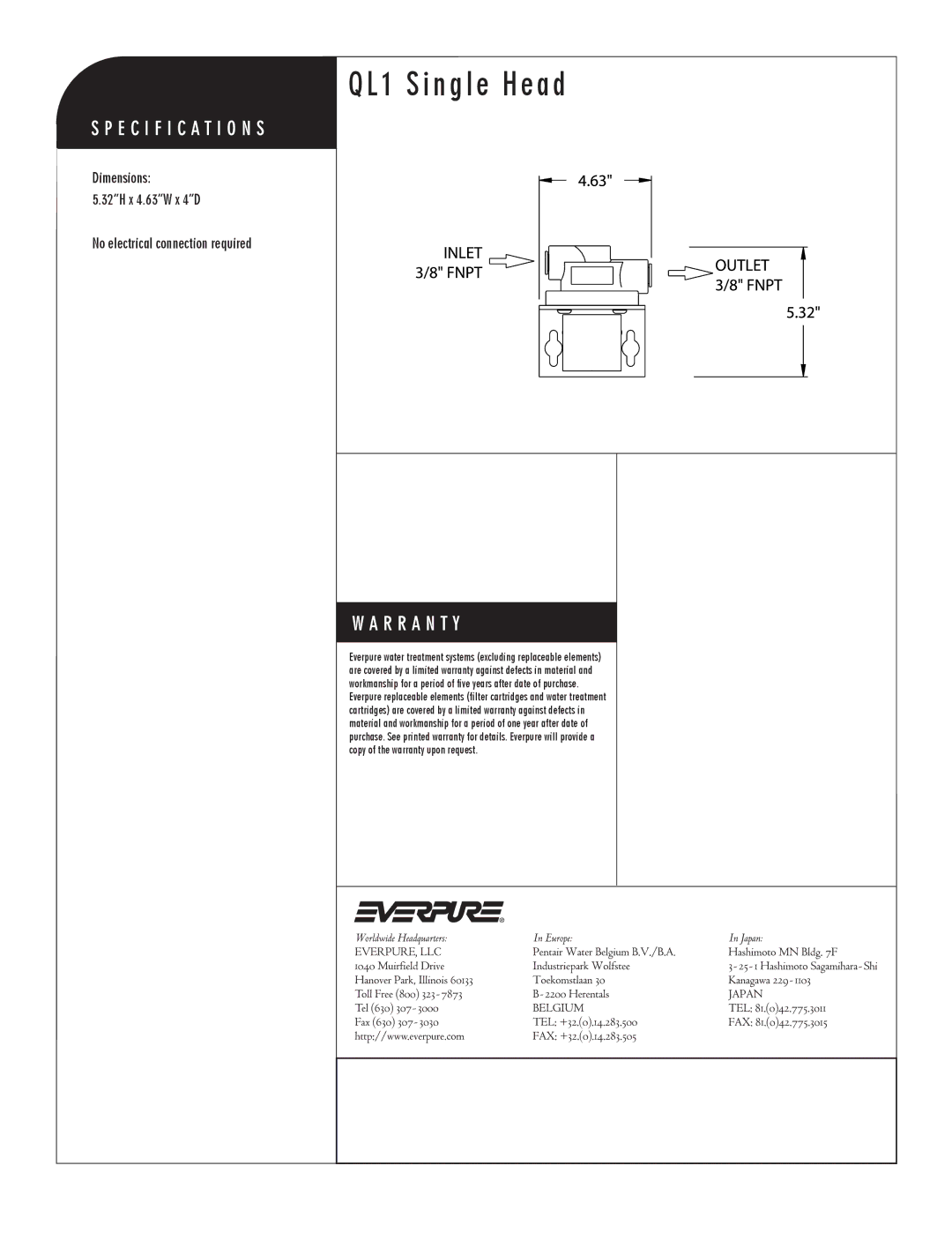 Everpure EV9256-17Q manual QL1 Single Head, Water Filter Head 