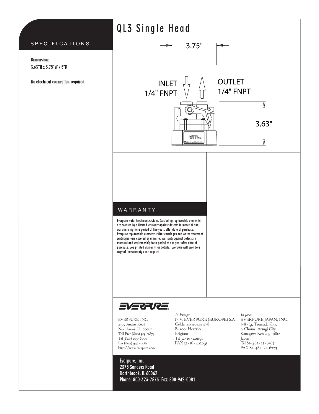 Everpure EV9259-14 manual QL3 Single Head, Water Filter Head with water shut off valve, Specification S, R R a N T Y 