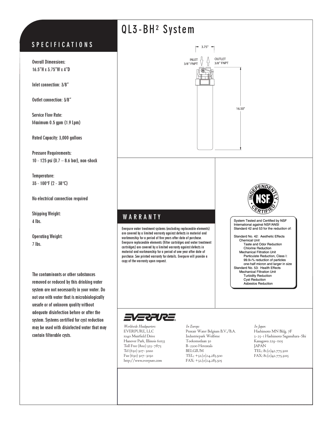 Everpure EV9272-00, EV9612-50 manual QL3 BH² System 