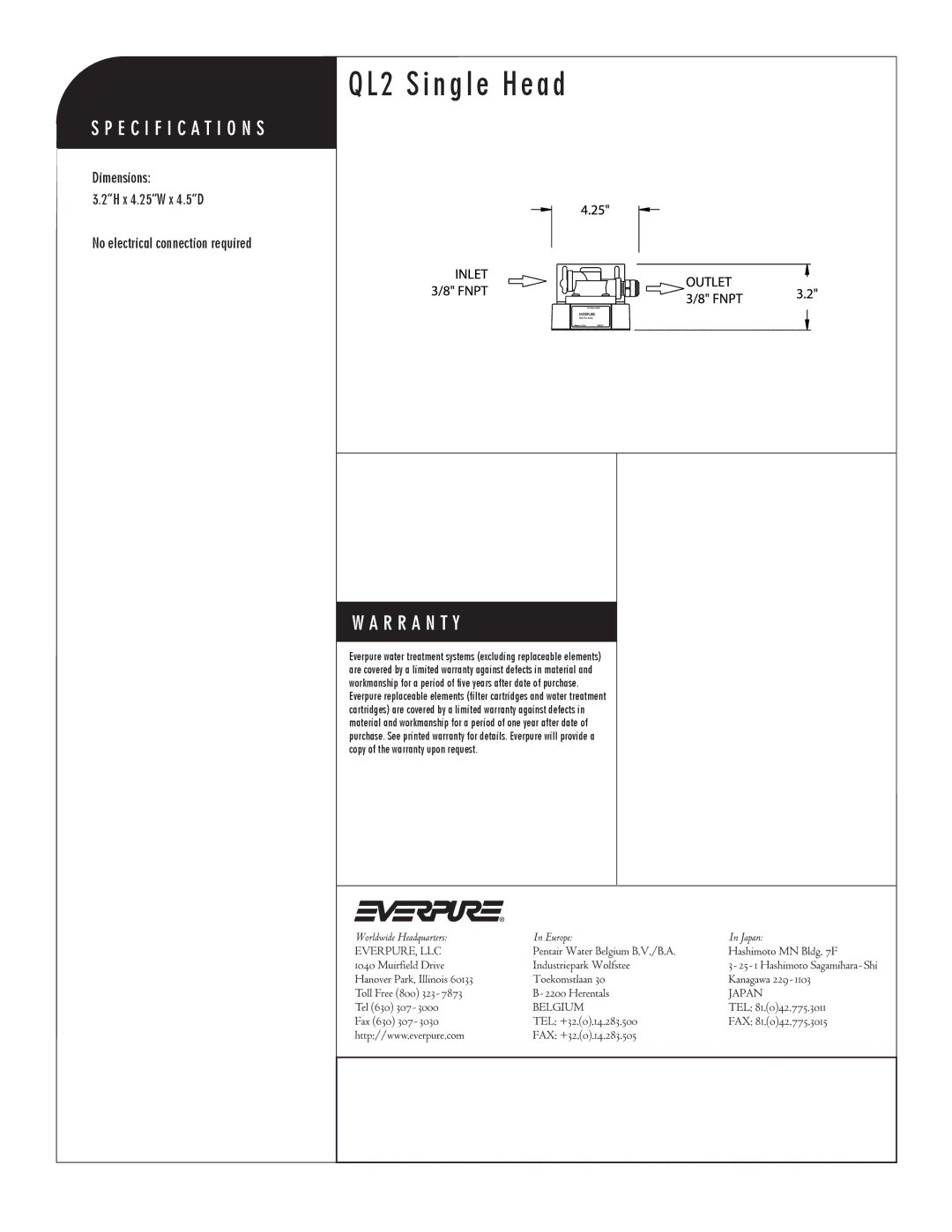 Everpure EV9272-18 manual QL2 Single Head, Water Filter Head without water shut off valve 