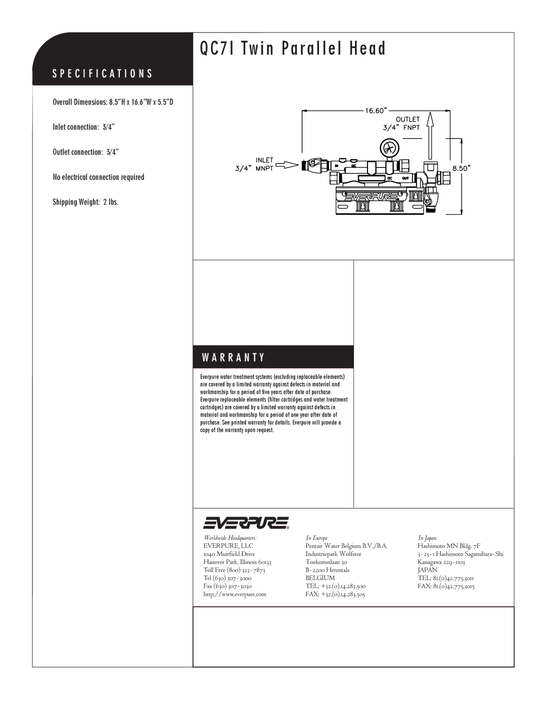 Everpure EV9272-22 manual QC7I Twin Parallel Head 