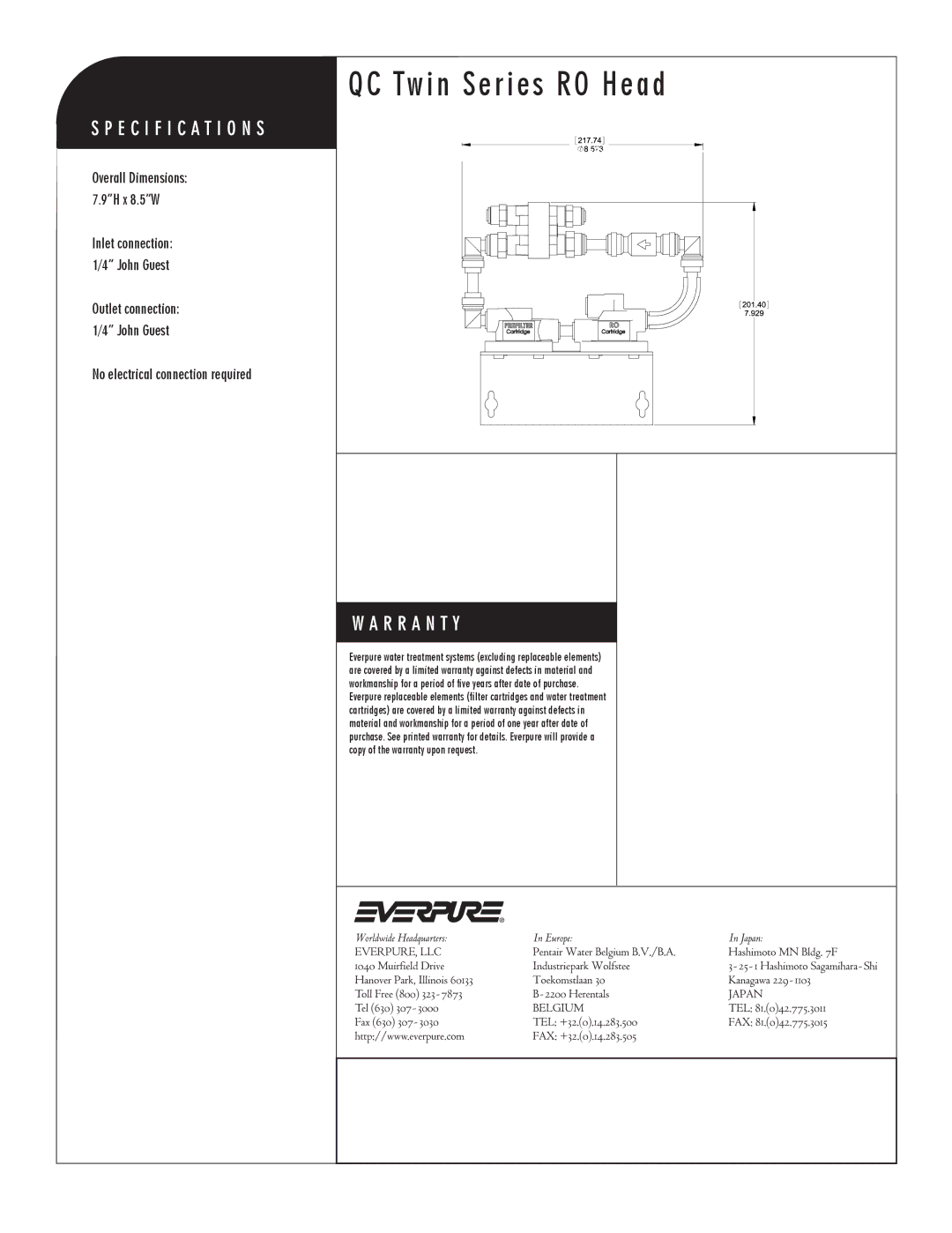 Everpure EV9272-26 manual QC Twin Series RO Head, Series filter head exclusively for Everpure 