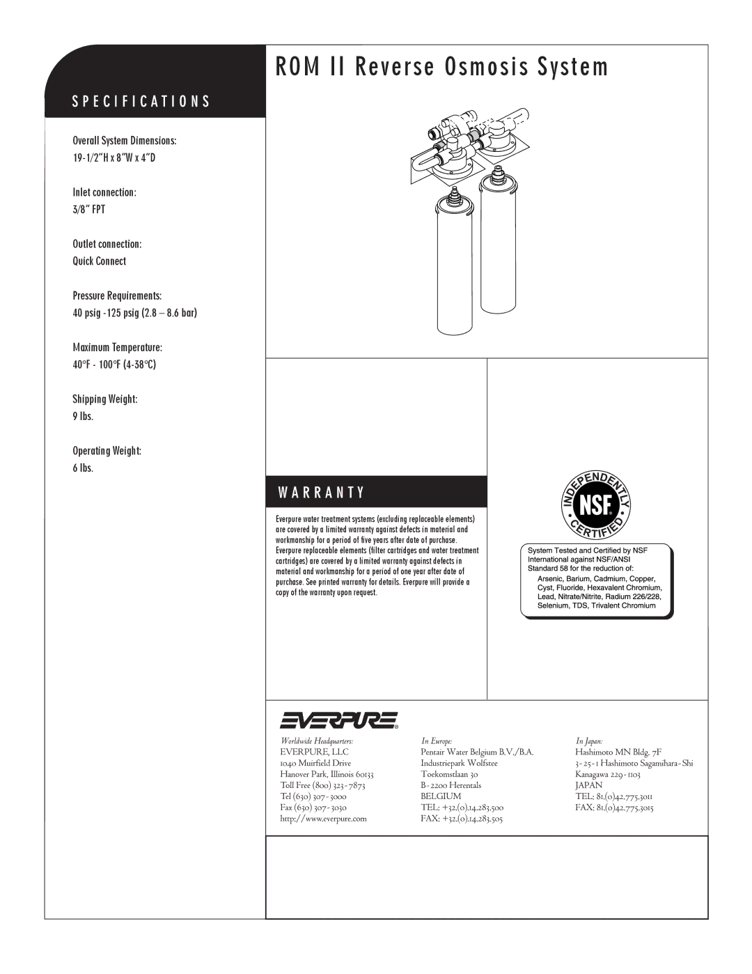 Everpure EV9273-75 manual ROM II Reverse Osmosis System 