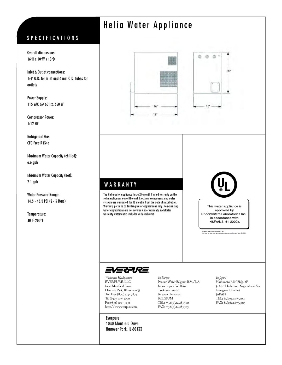 Everpure EV9318-50 manual Everpure Muirfield Drive Hanover Park, IL, Power Supply 