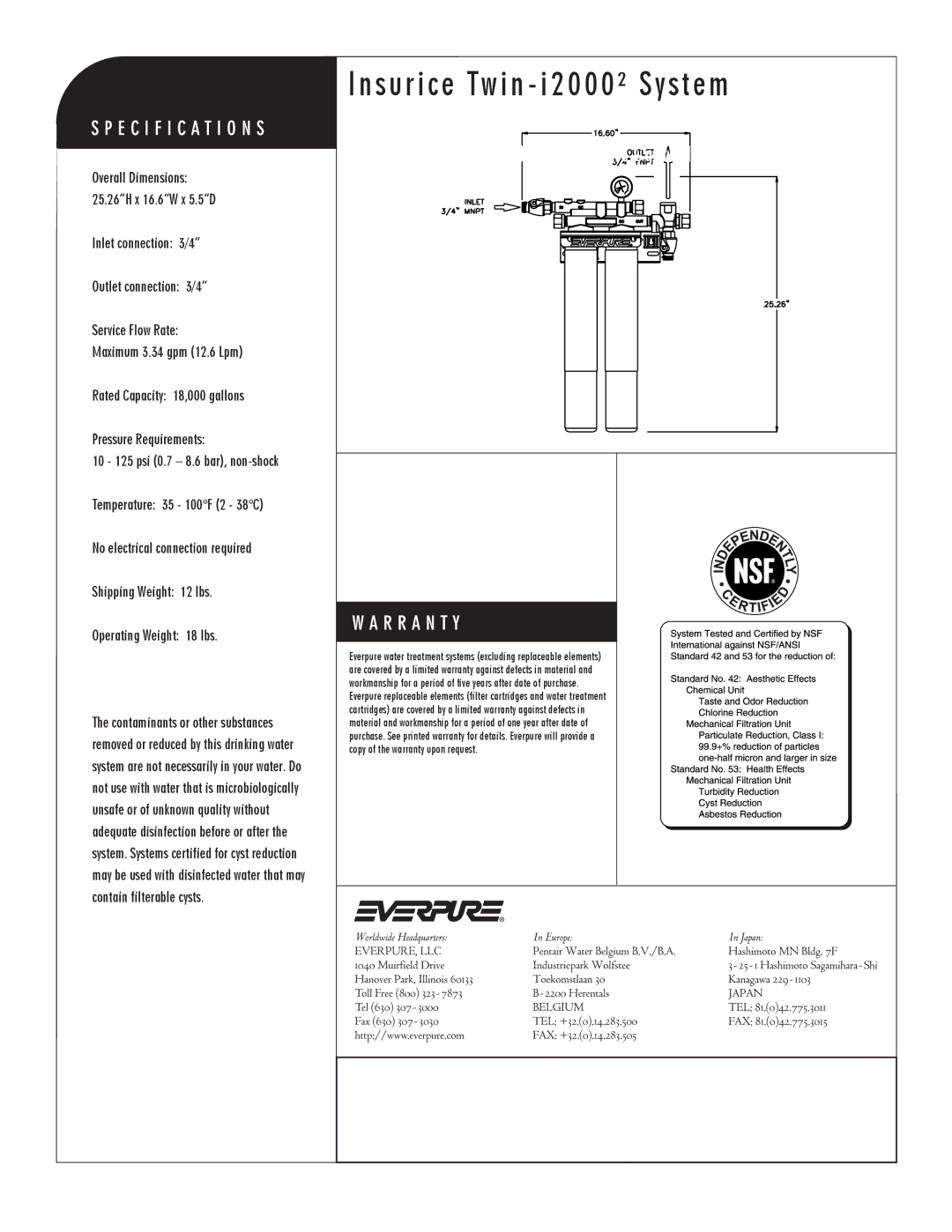 Everpure EV9324-02 manual Insurice Twin i2000² System, I2000² Precoat Replacement Cartridge 