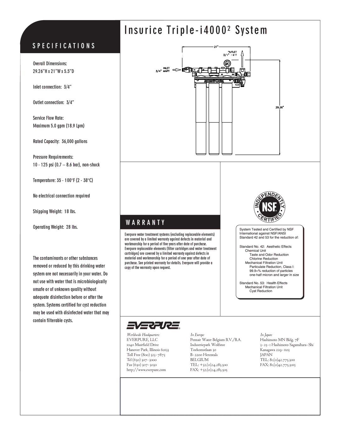 Everpure EV9325-03 manual Insurice Triple i4000² System, I4000² Precoat Replacement Cartridge 