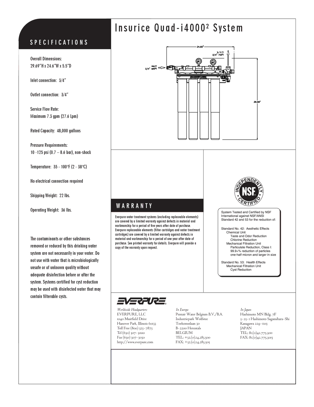 Everpure EV9325-04 manual Insurice Quad i4000² System, I4000² Precoat Replacement Cartridge 