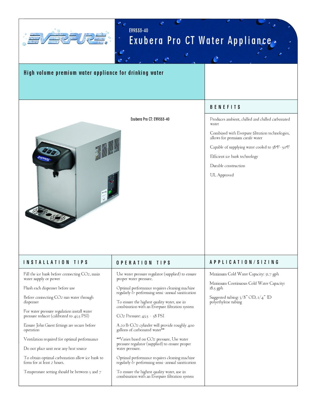 Everpure EV9333-40 manual N E F I T S, Installation T I P S E R a T I O N T I P S 