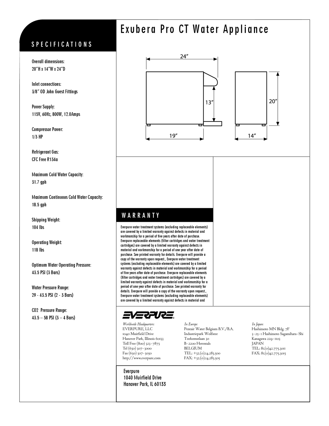 Everpure EV9333-40 manual U b e r a P r o C T W a t e r a p p l i a n c e, Everpure Muirfield Drive Hanover Park, IL 