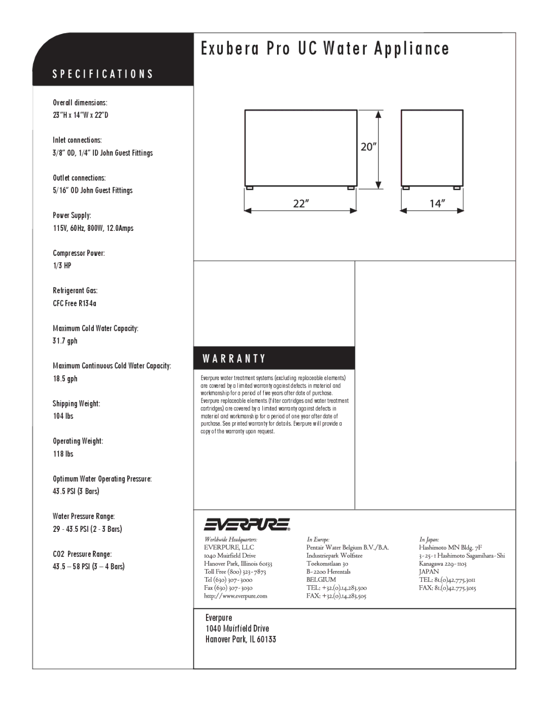 Everpure EV9333-50 manual U b e r a P r o U C W a t e r a p p l i a n c e, Everpure Muirfield Drive Hanover Park, IL 