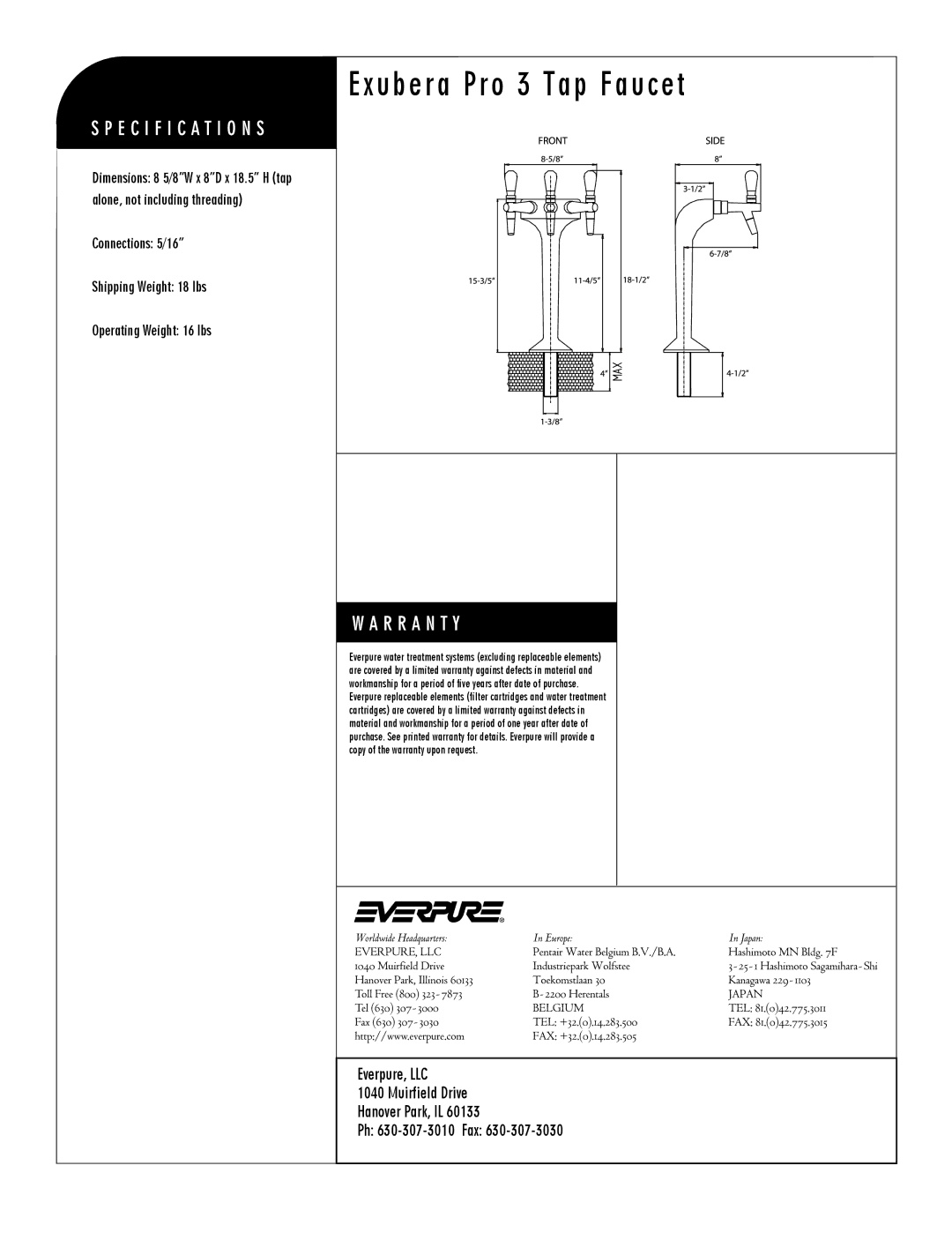 Everpure EV9333-52 manual Exubera Pro 3 Tap Faucet 