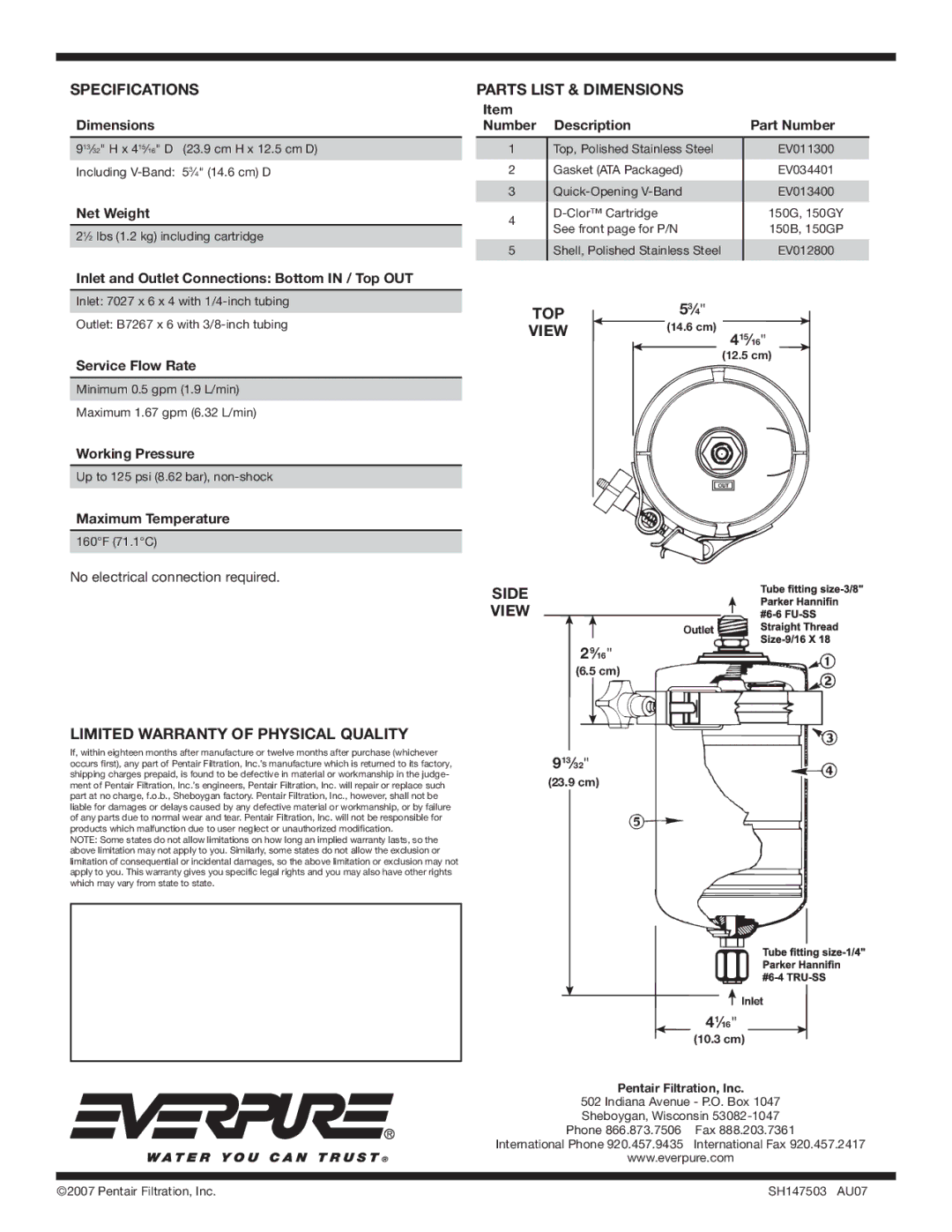 Everpure EV939000 manual Parts List & Dimensions, TOP View, Side View, Limited Warranty of Physical Quality 