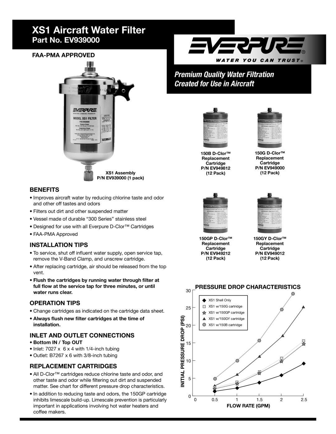 Everpure manual XS1 Aircraft Water Filter, Part No. EV939000, Faa-Pma Approved, Benefits, Installation Tips, Drop 
