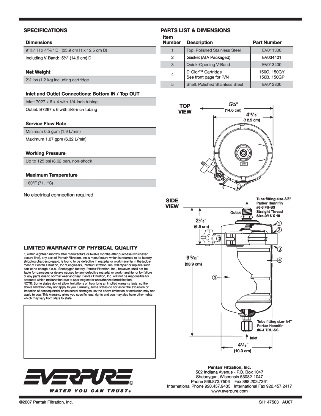 Everpure EV939000 manual Specifications 
