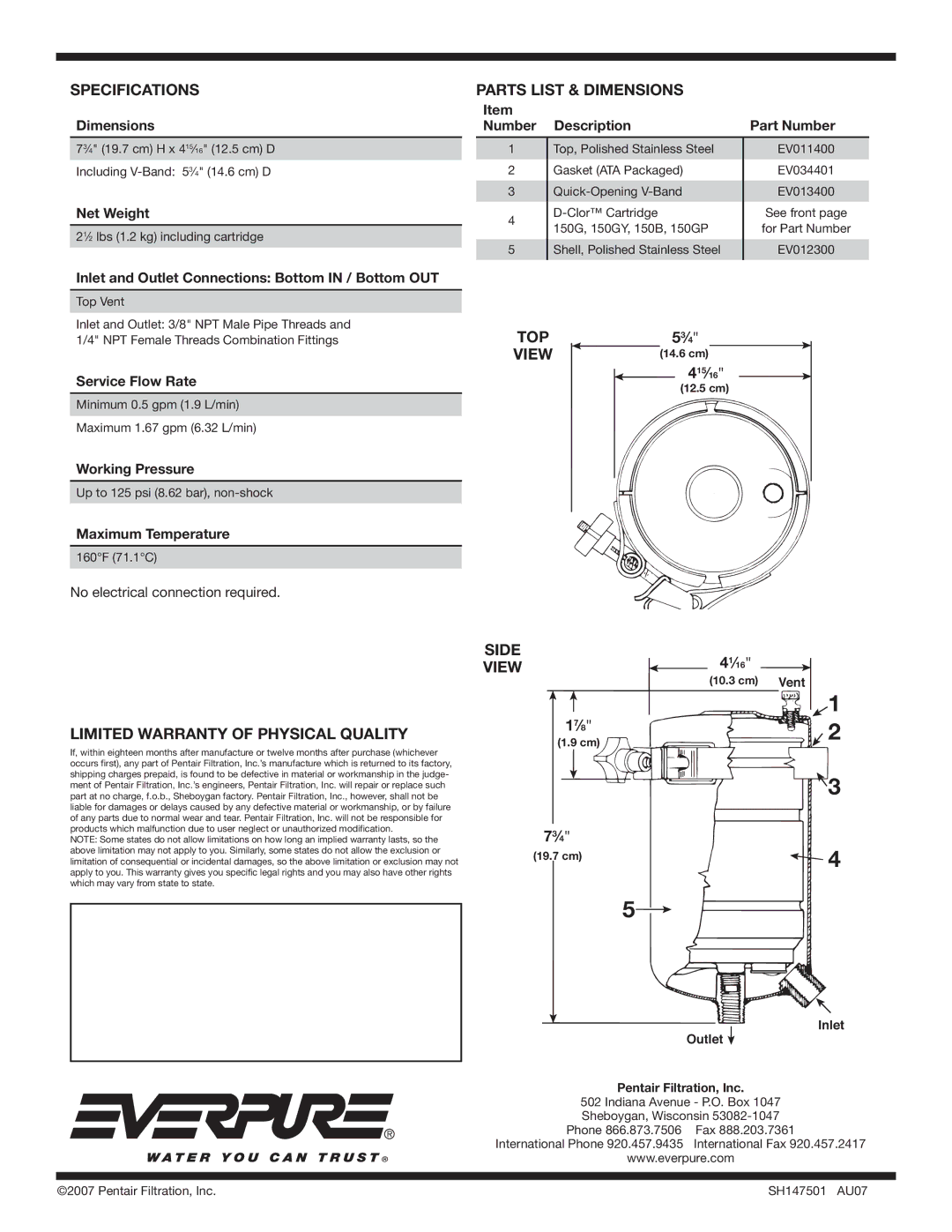 Everpure EV949212, EV943000, EV949000, EV949012 Parts List & Dimensions, Limited Warranty of Physical Quality, Side View 