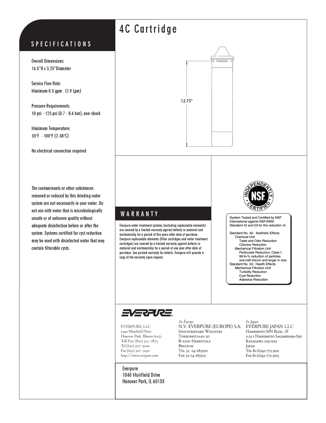 Everpure EV9601-00, EV9600-00 manual Everpure Muirfield Drive Hanover Park, IL, No electrical connection required 