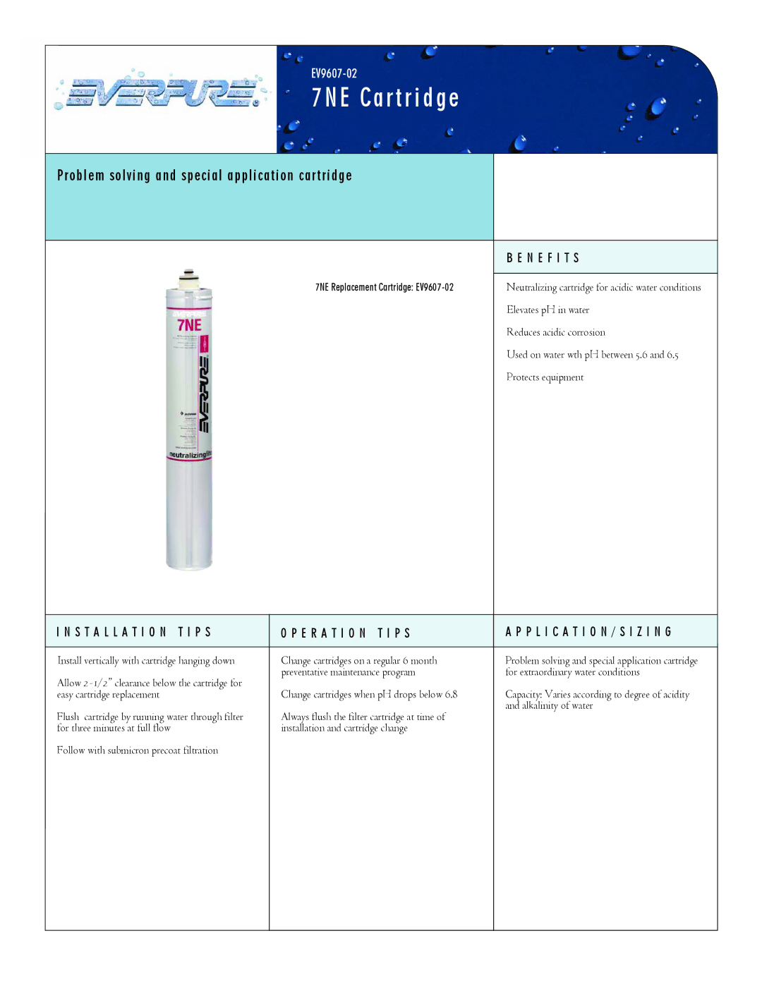 Everpure EV9607-02 manual 7NE Cartridge, Problem solving and special application cartridge, N E F I T S 