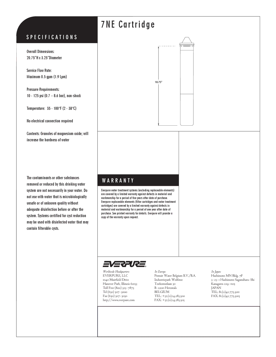 Everpure EV9607-02 manual 7NE Cartridge, 7NE Replacement Cartridge 