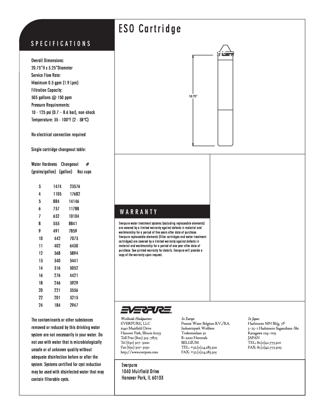 Everpure EV9607-20 manual ESO Cartridge, Specialty Replacement Cartridge, 8841, 7859, gallon 8oz cups 
