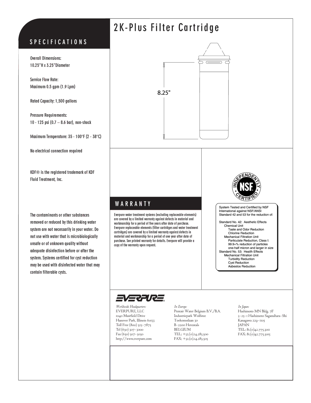 Everpure EV9612-61 manual No electrical connection required, KDF is the registered trademark of KDF Fluid Treatment, Inc 