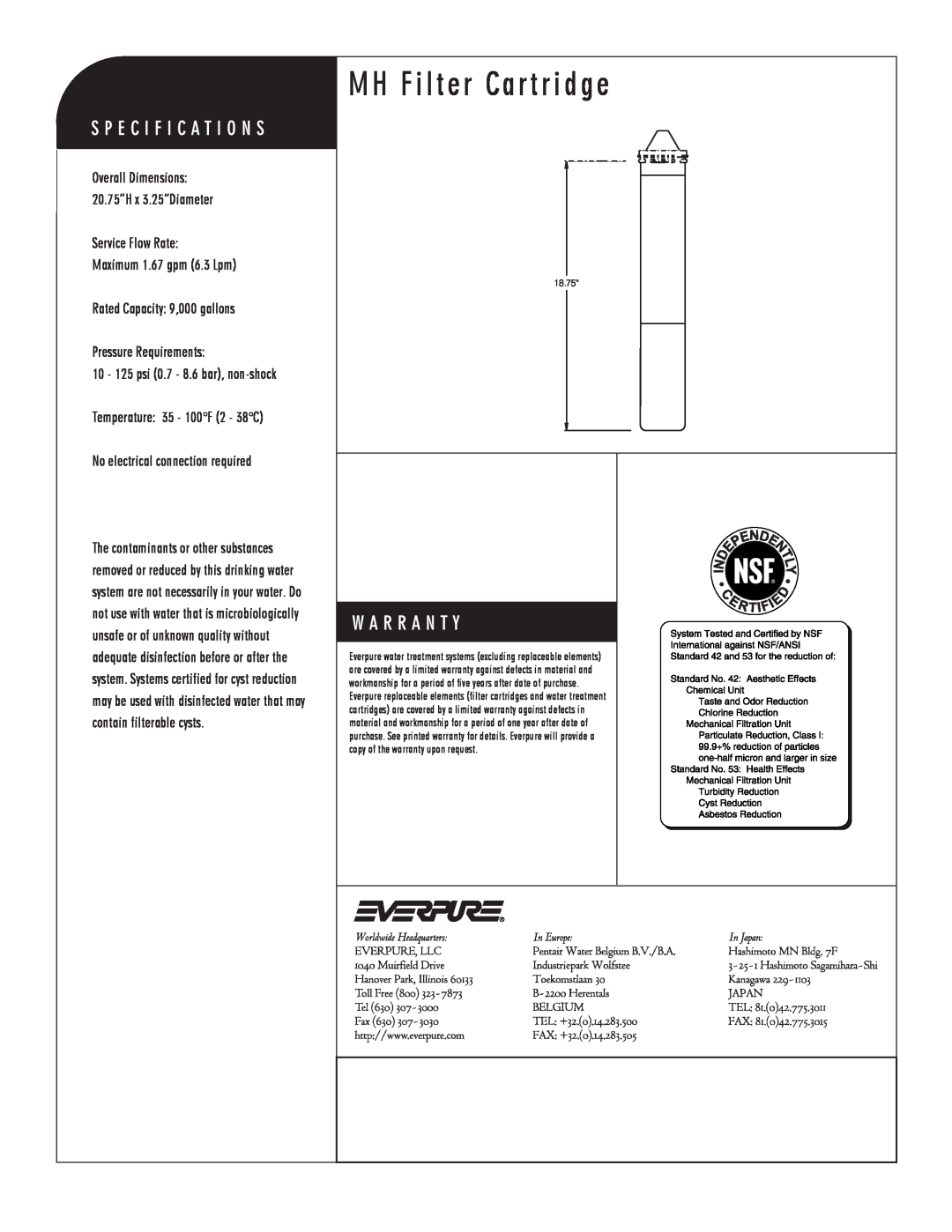 Everpure EV9613-01 manual MH Filter Cartridge, MH Precoat Replacement Cartridge, Service Flow Rate Maximum 1.67 gpm 6.3 Lpm 
