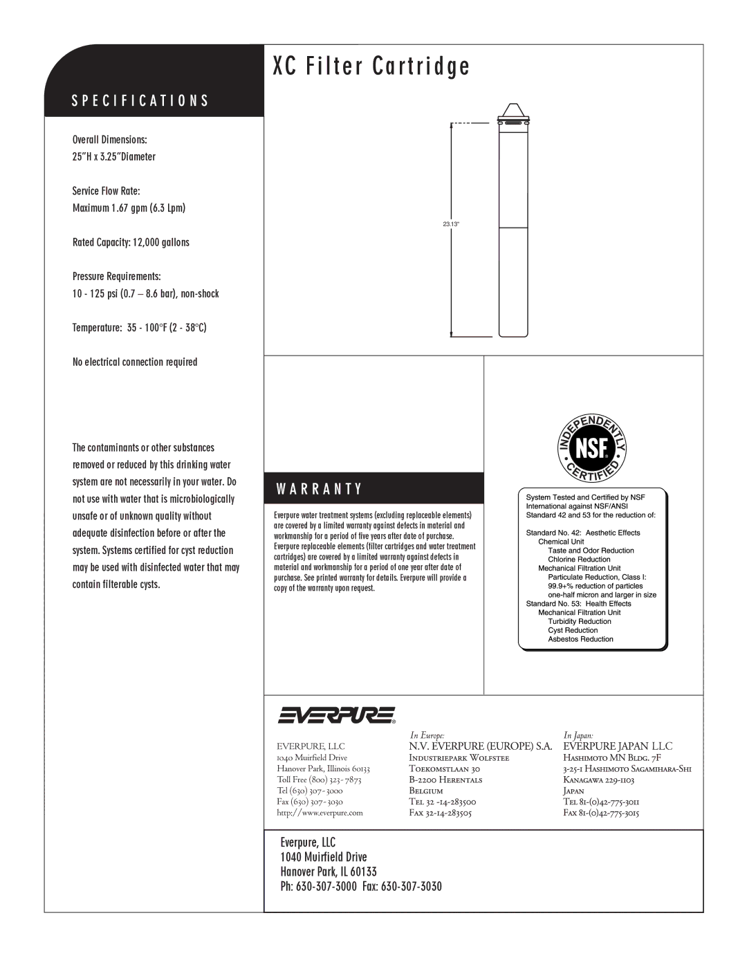 Everpure EV9613-09 manual XC Filter Cartridge, XC Replacement Cartridge 