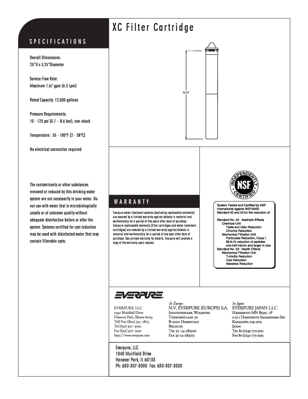Everpure EV9613-09 manual XC Filter Cartridge, XC Replacement Cartridge, Service Flow Rate Maximum 1.67 gpm 6.3 Lpm 