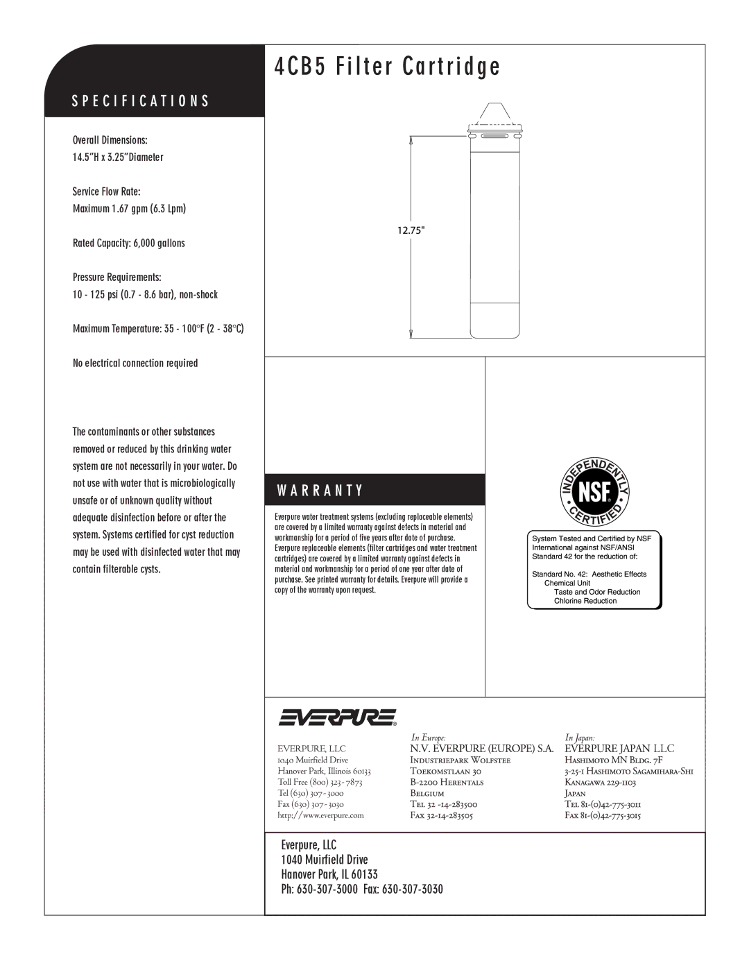 Everpure EV9617-11 manual 4CB5 Filter Cartridge, Carbon Block Replacement Cartridge, No electrical connection required 