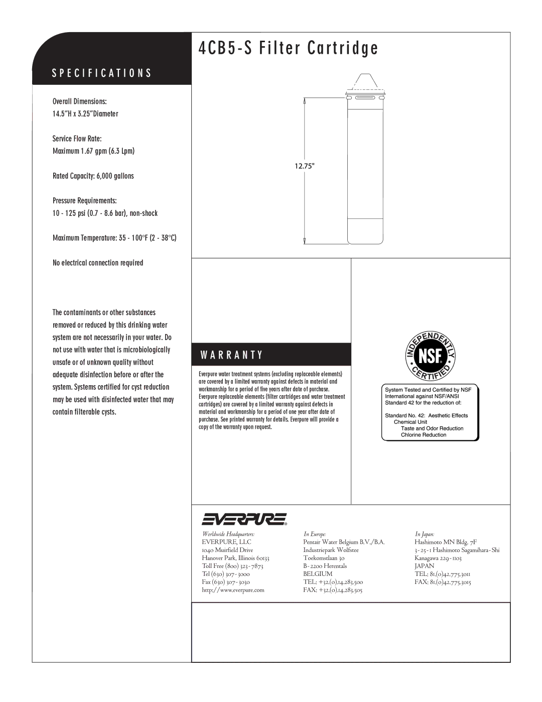 Everpure EV9617-21, 4CB5-S 4CB5 S Filter Cartridge, Carbon Block Replacement Cartridge, No electrical connection required 